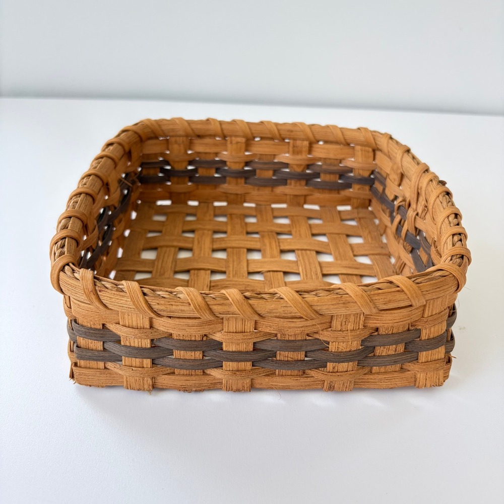 Handwoven Square Splint Basket Two Tone Brown Storage Tray 7.5in